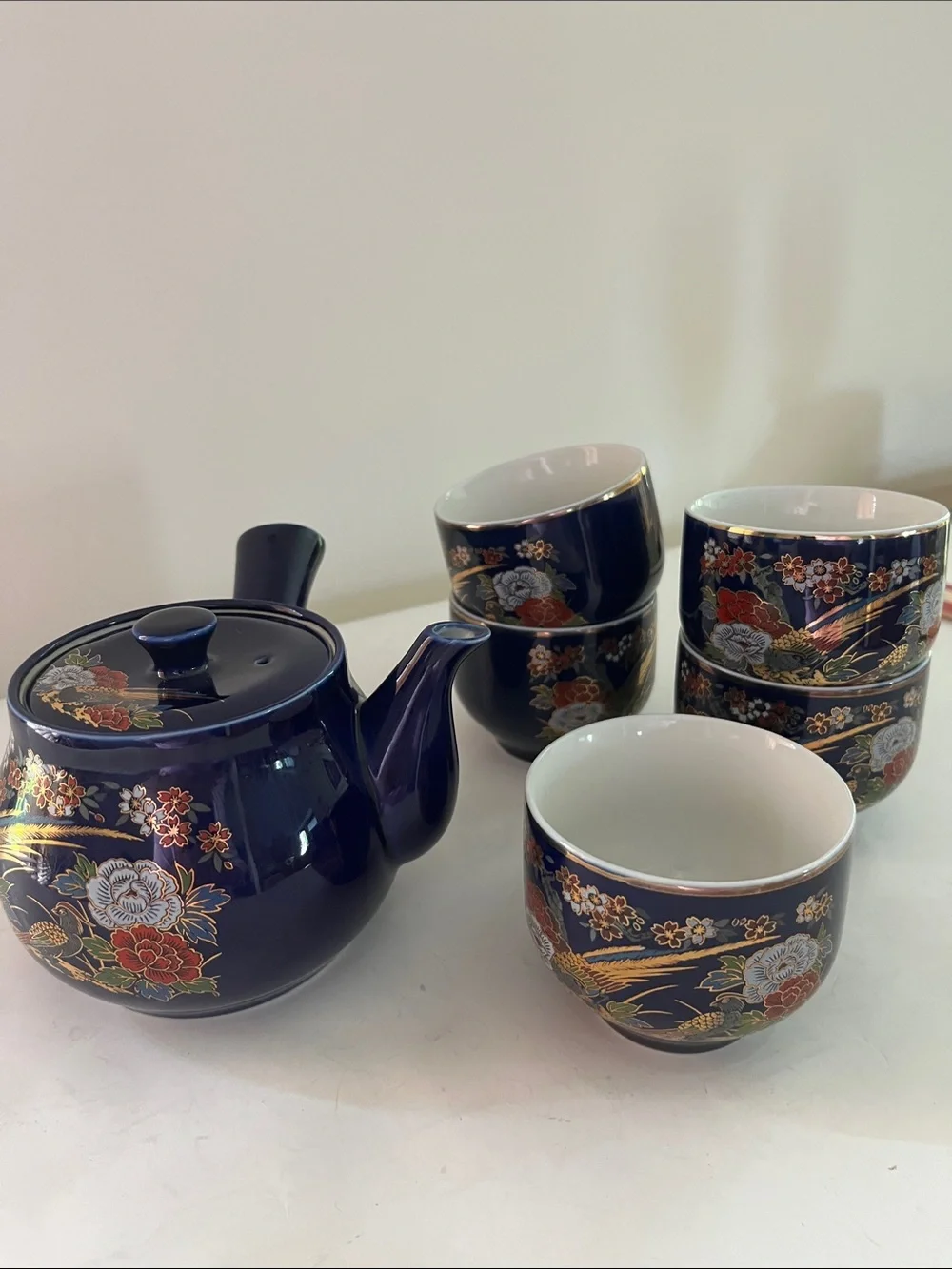 Vintage Porcelain Tea Set /side handle and 5 cups  Blue/gold with floral design
